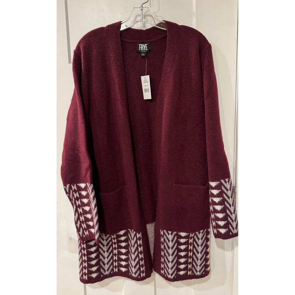 Frye Womens Dark Red Geometric Intarsia Open Front Cardigan Sweater Large NWT